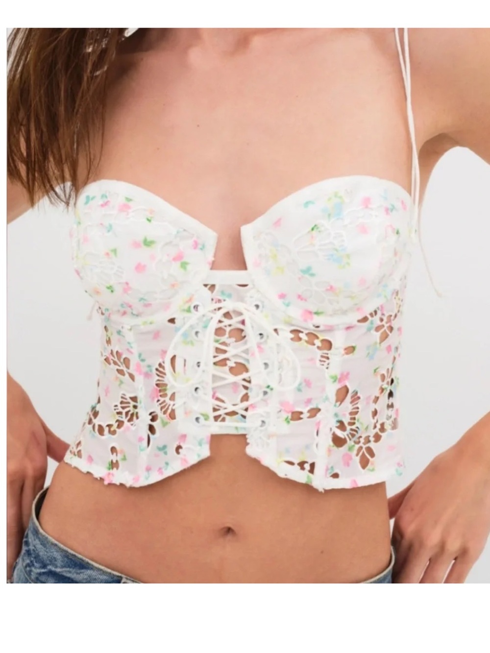For Love & Lemons White Floral Lace-Up Bustier Camisole
